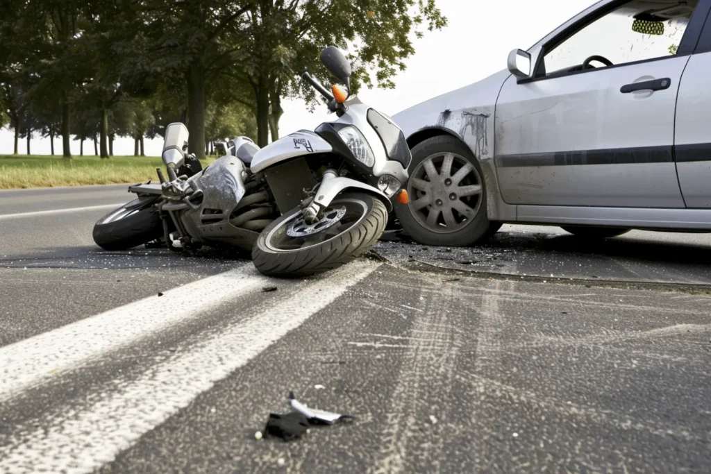 A motorcycle laying on its side with a car in the background after being hit.